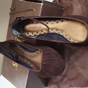 Seychelles Dark Brown Ballet Flats With Ankle Straps, Size 7